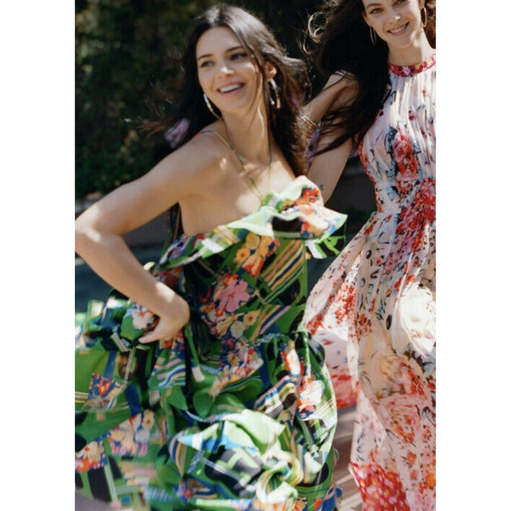 Green Floral Check-Print Ruffled Silk-Crepe Gown