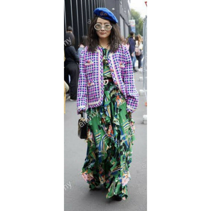 Green Floral Check-Print Ruffled Silk-Crepe Gown