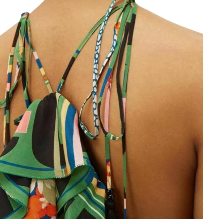 Green Floral Check-Print Ruffled Silk-Crepe Gown