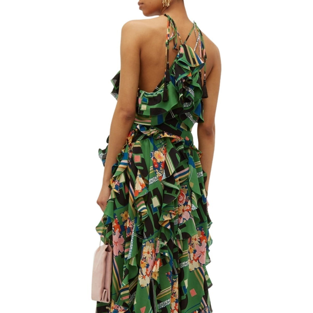 Green Floral Check-Print Ruffled Silk-Crepe Gown