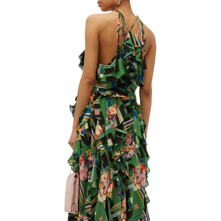 Green Floral Check-Print Ruffled Silk-Crepe Gown
