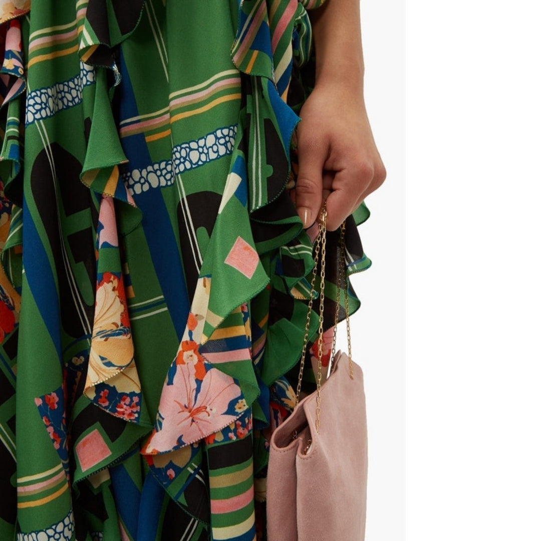 Green Floral Check-Print Ruffled Silk-Crepe Gown