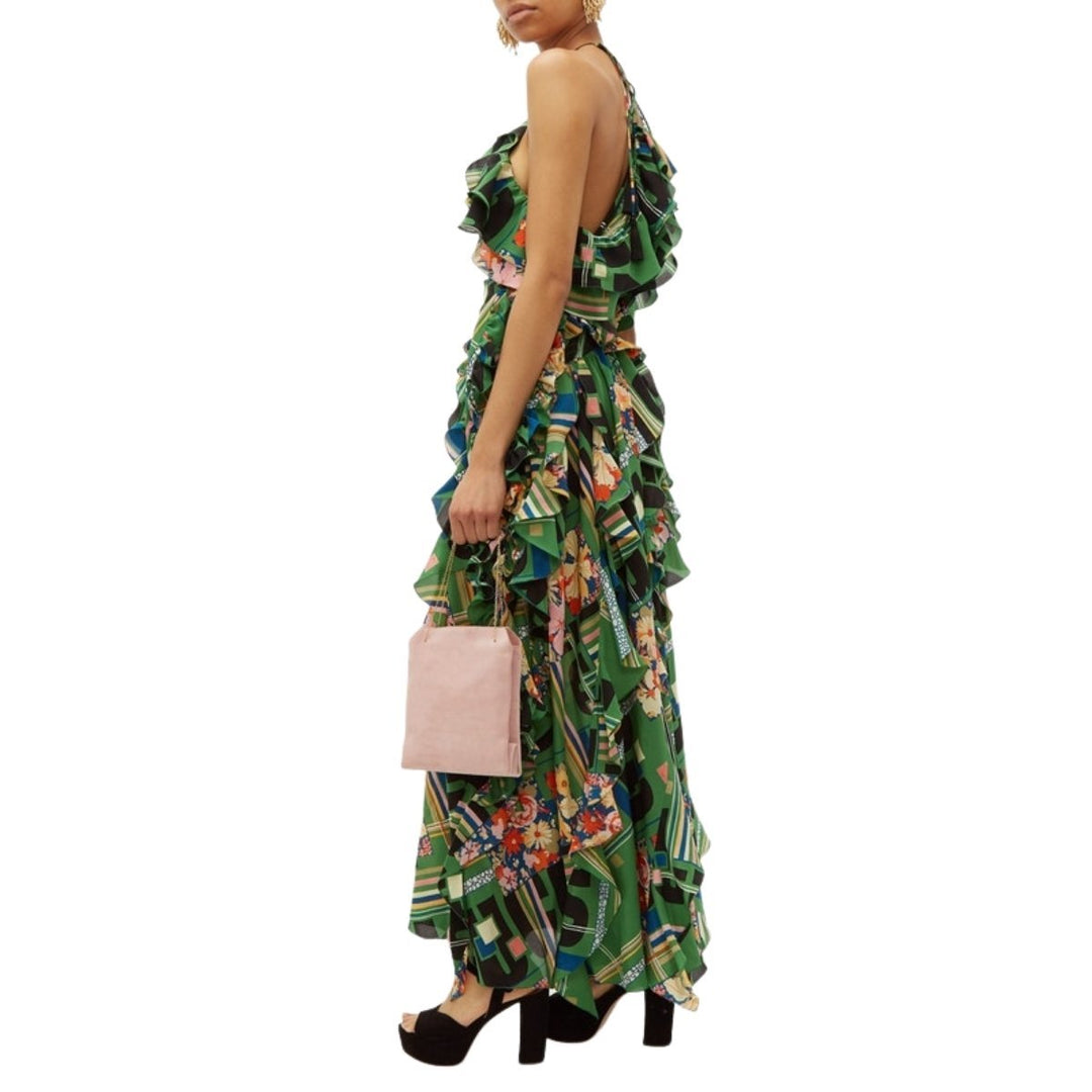 Green Floral Check-Print Ruffled Silk-Crepe Gown