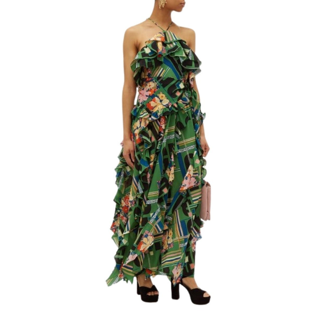 Green Floral Check-Print Ruffled Silk-Crepe Gown