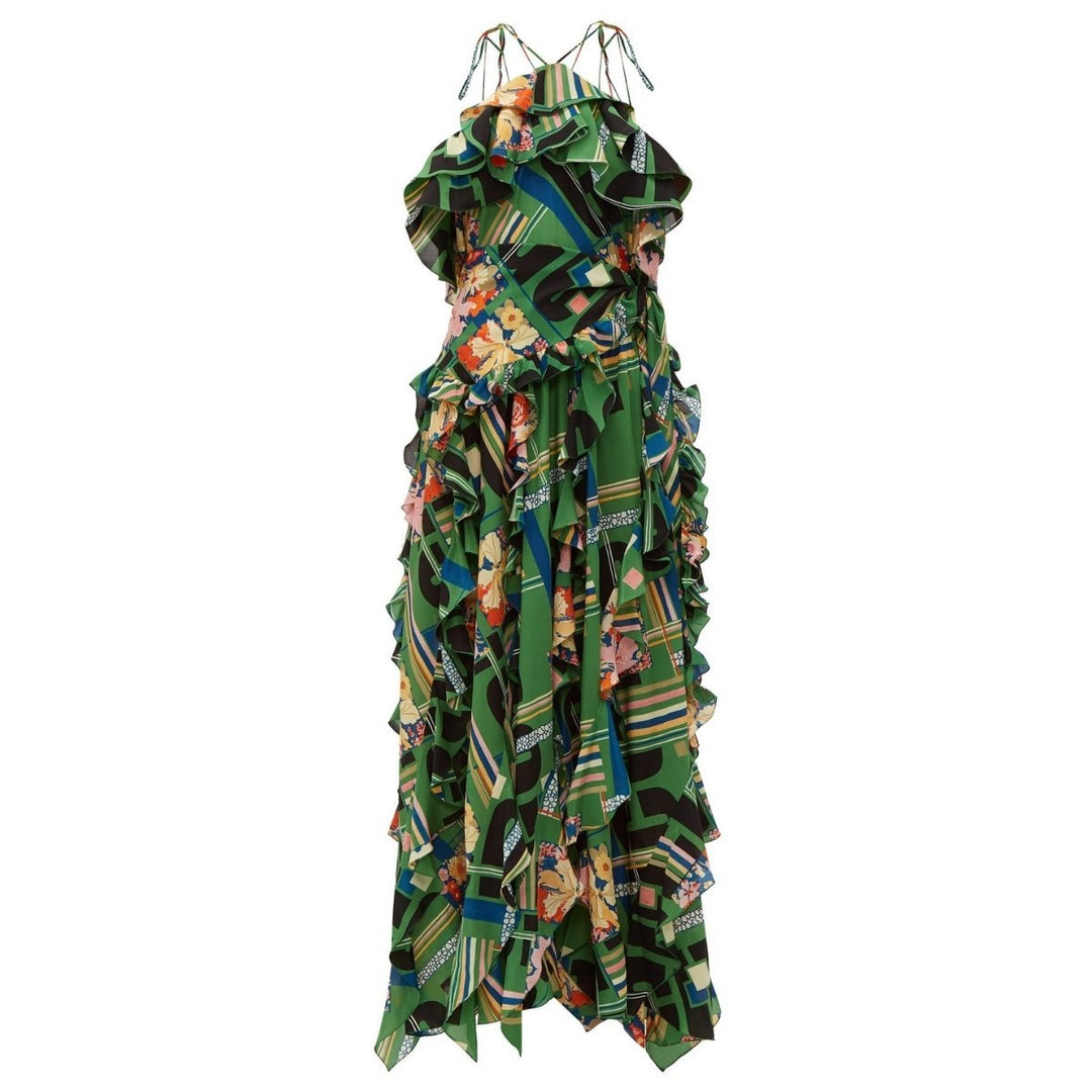 Gucci-Green Floral Check-Print Ruffled Silk-Crepe Gown - Runway Catalog