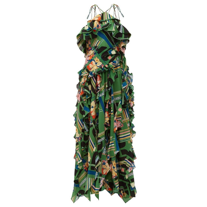 Gucci-Green Floral Check-Print Ruffled Silk-Crepe Gown - Runway Catalog