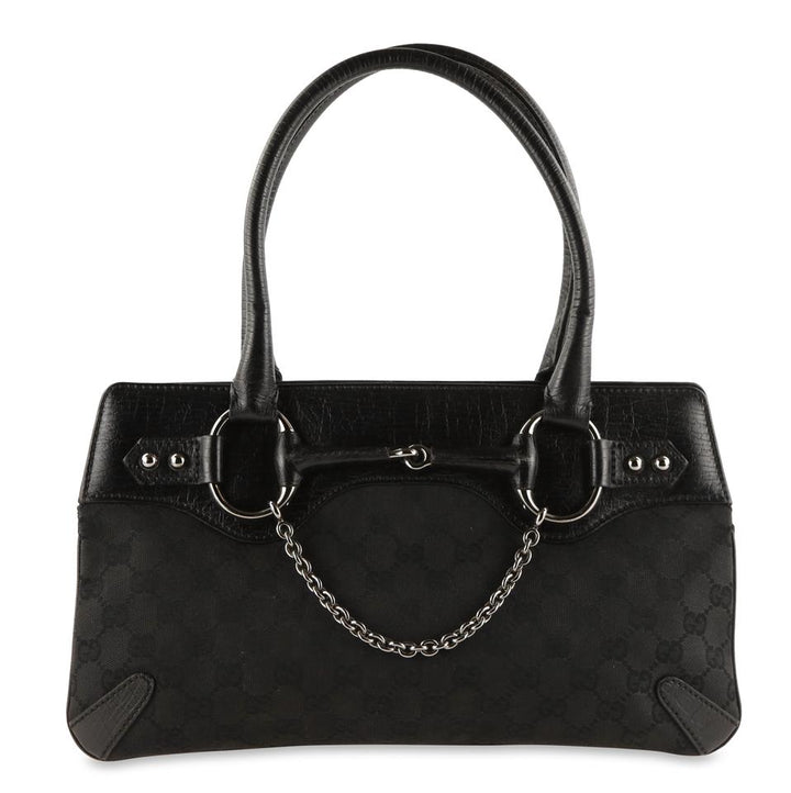 G*G Horsebit Chain Shoulder Bag Black Gg Canvas Tote