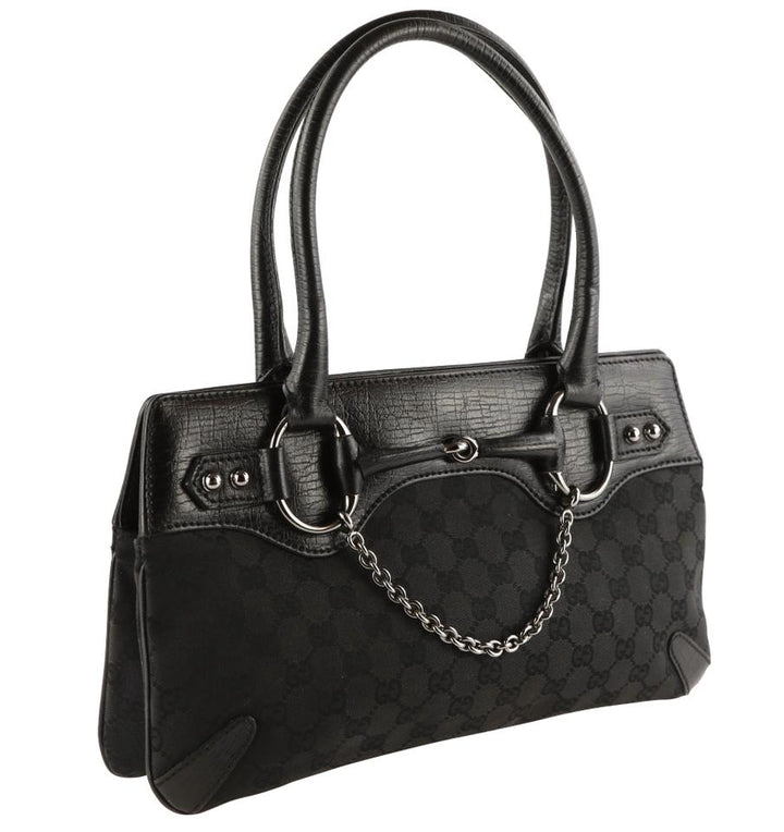 G*G Horsebit Chain Shoulder Bag Black Gg Canvas Tote
