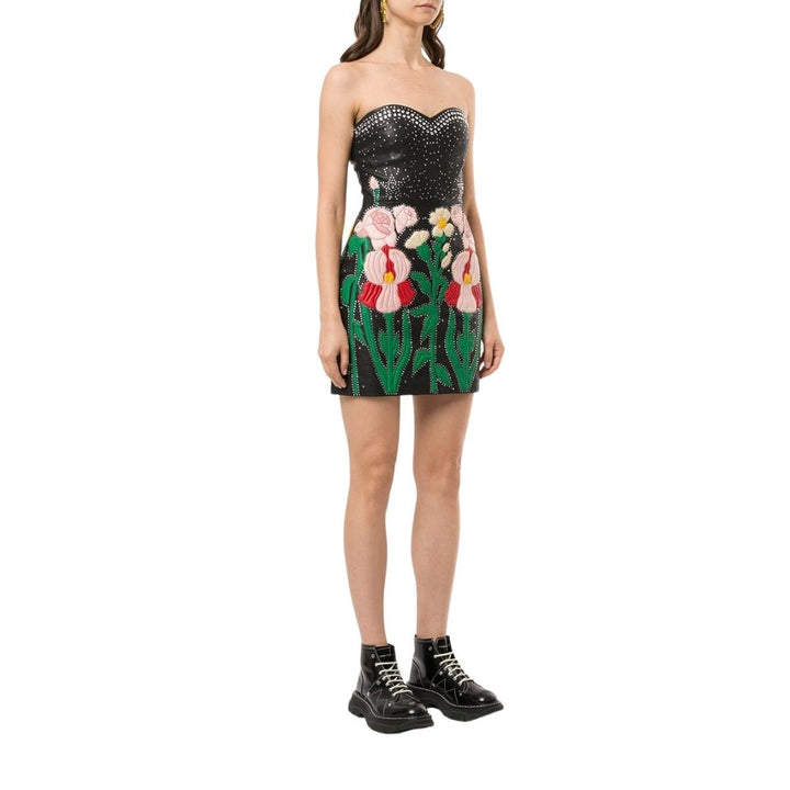 Leather Flower Intarsia Strapless Dress