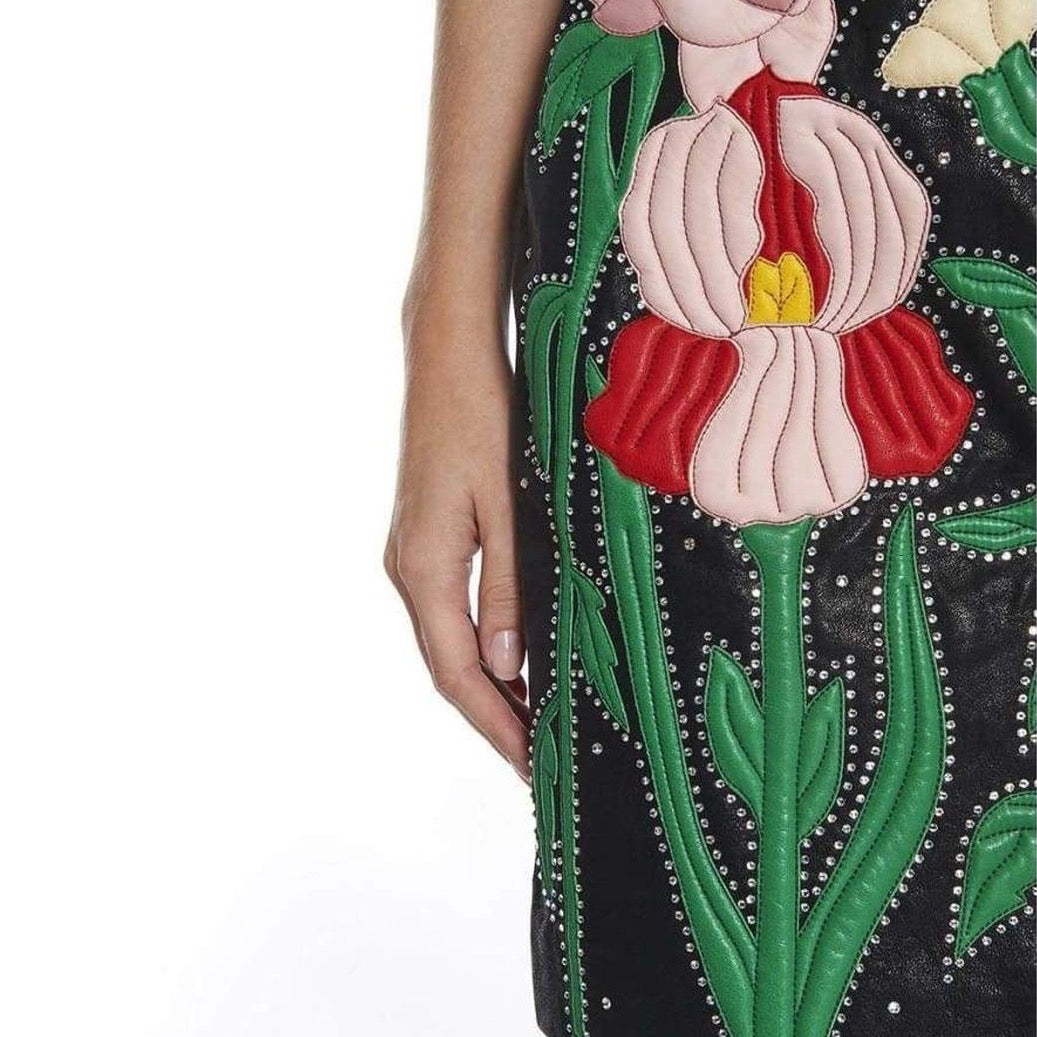 Leather Flower Intarsia Strapless Dress