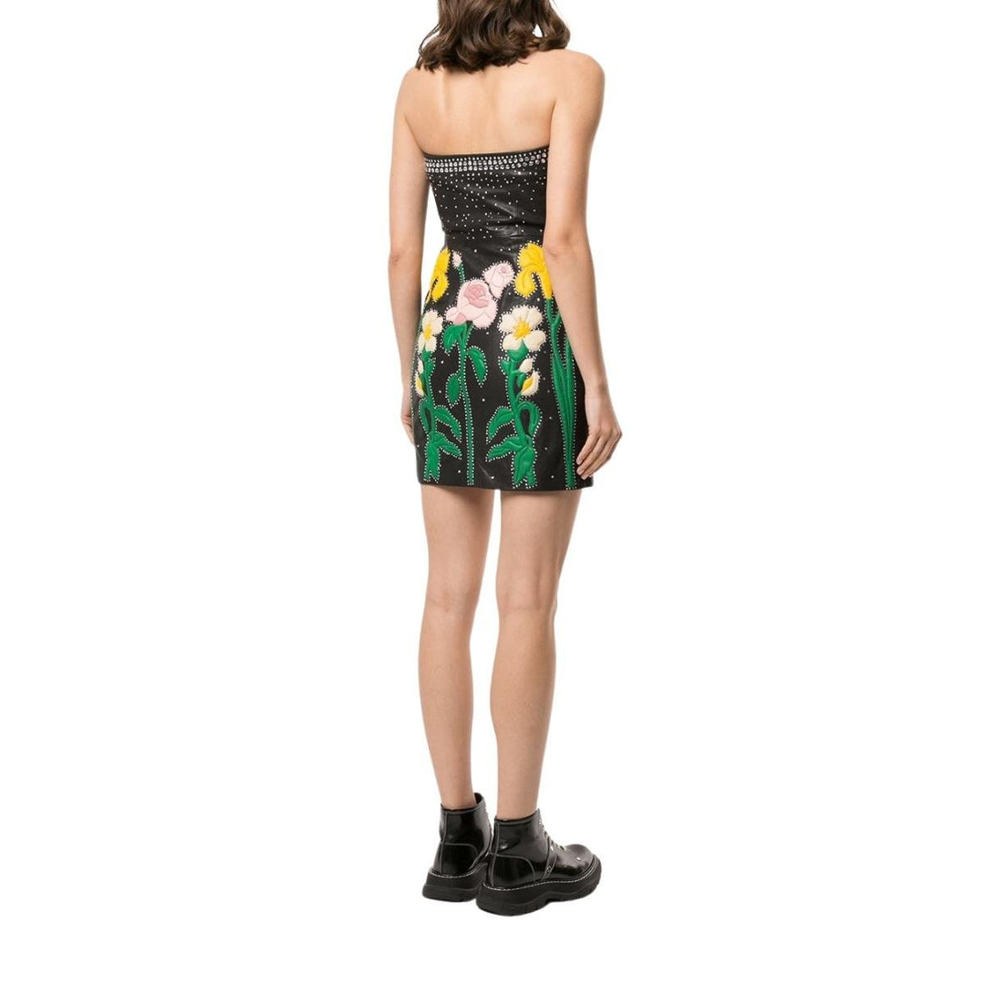 Leather Flower Intarsia Strapless Dress