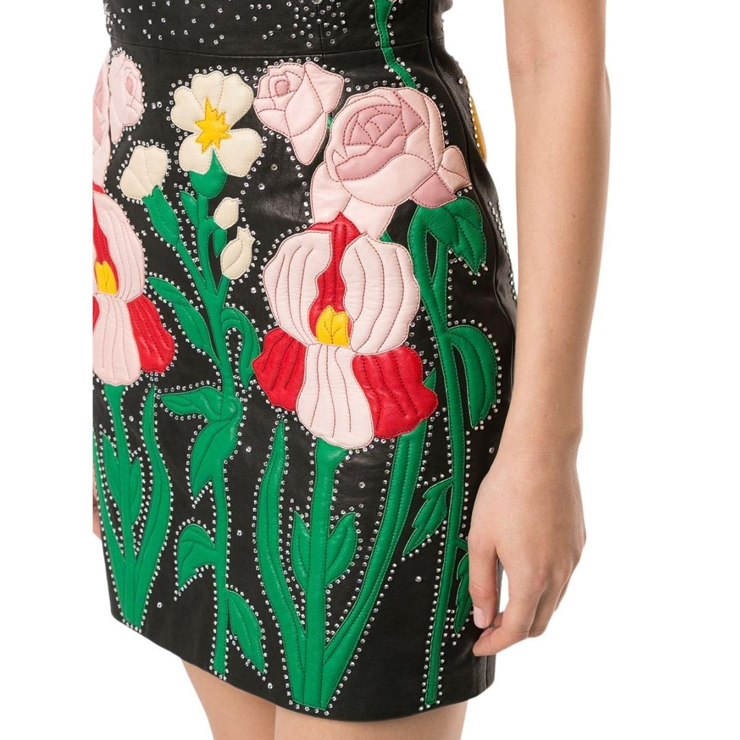 Leather Flower Intarsia Strapless Dress