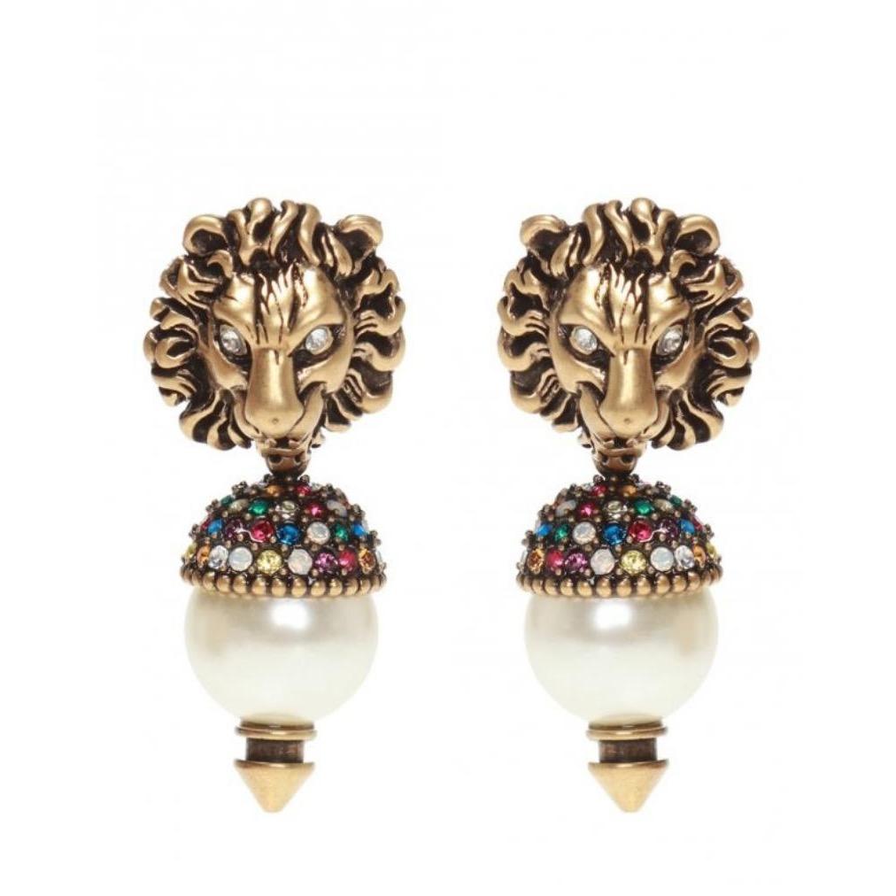 Gucci-Lion Head Pearl Drop Earrings - Runway Catalog