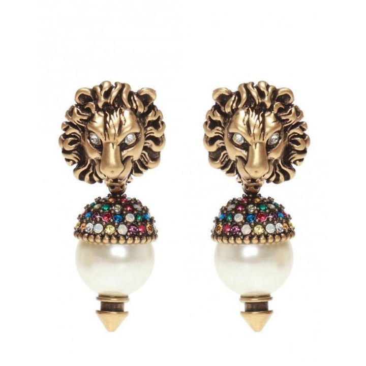 Gucci-Lion Head Pearl Drop Earrings - Runway Catalog