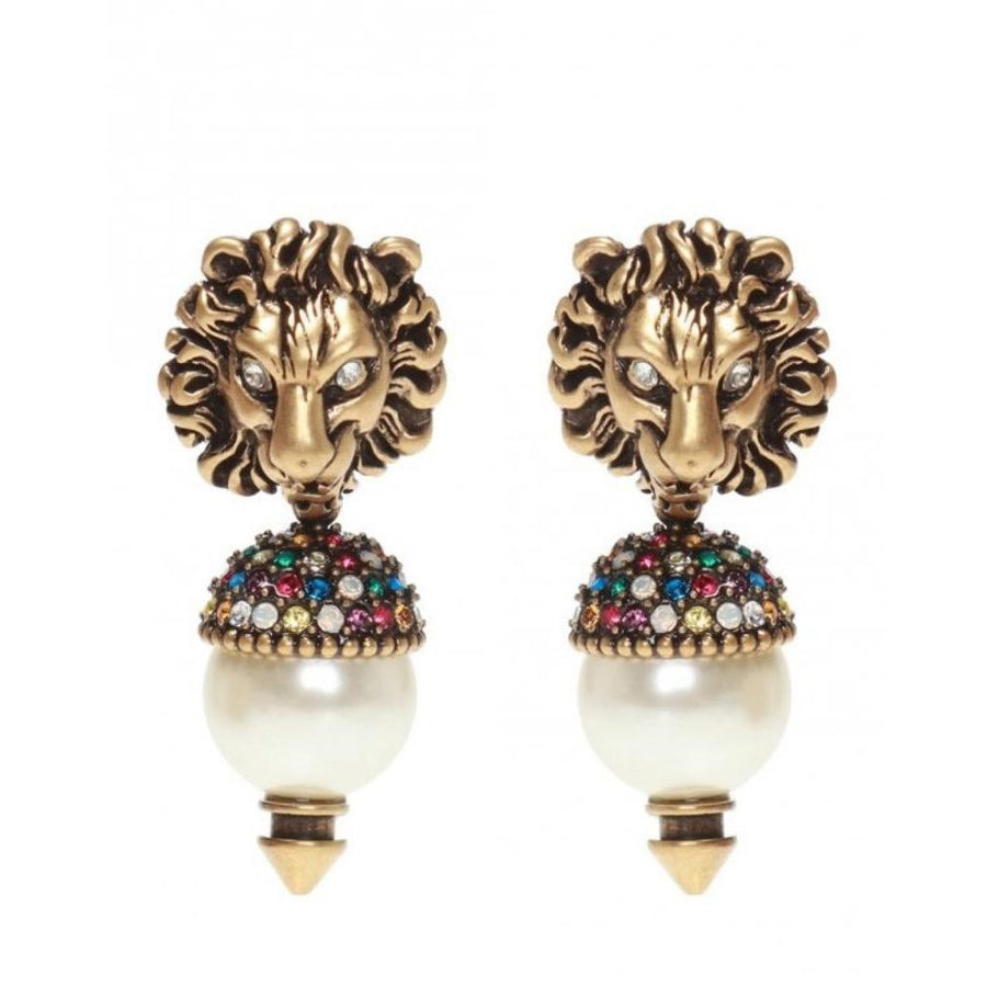 Gucci-Lion Head Pearl Drop Earrings - Runway Catalog