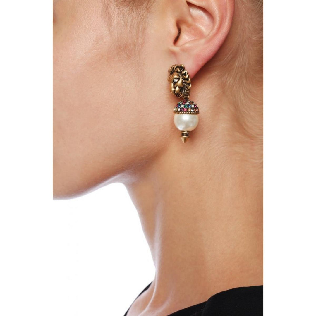 Lion Head Pearl Drop Earrings