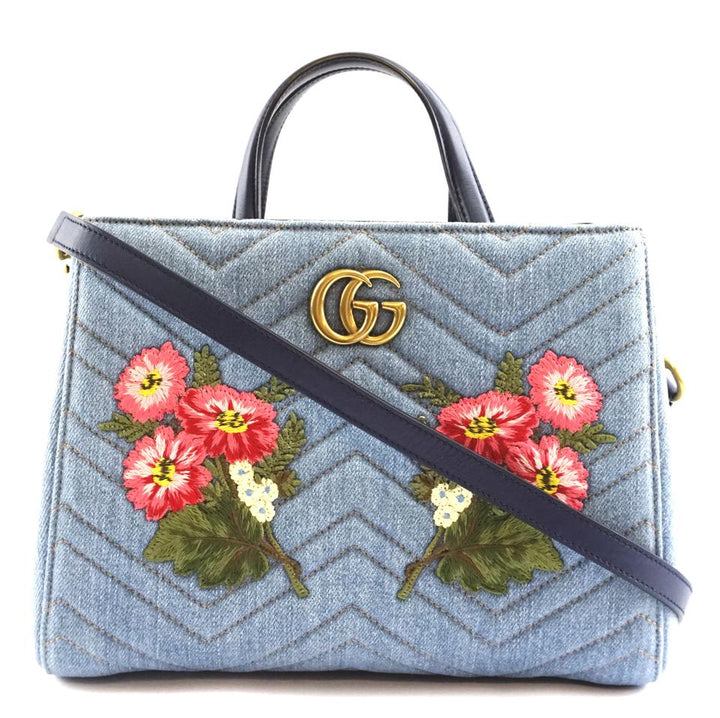 G*G Marmont Gg Embroidered Matelasse Logo Tote Blue Denim Shoulder Bag