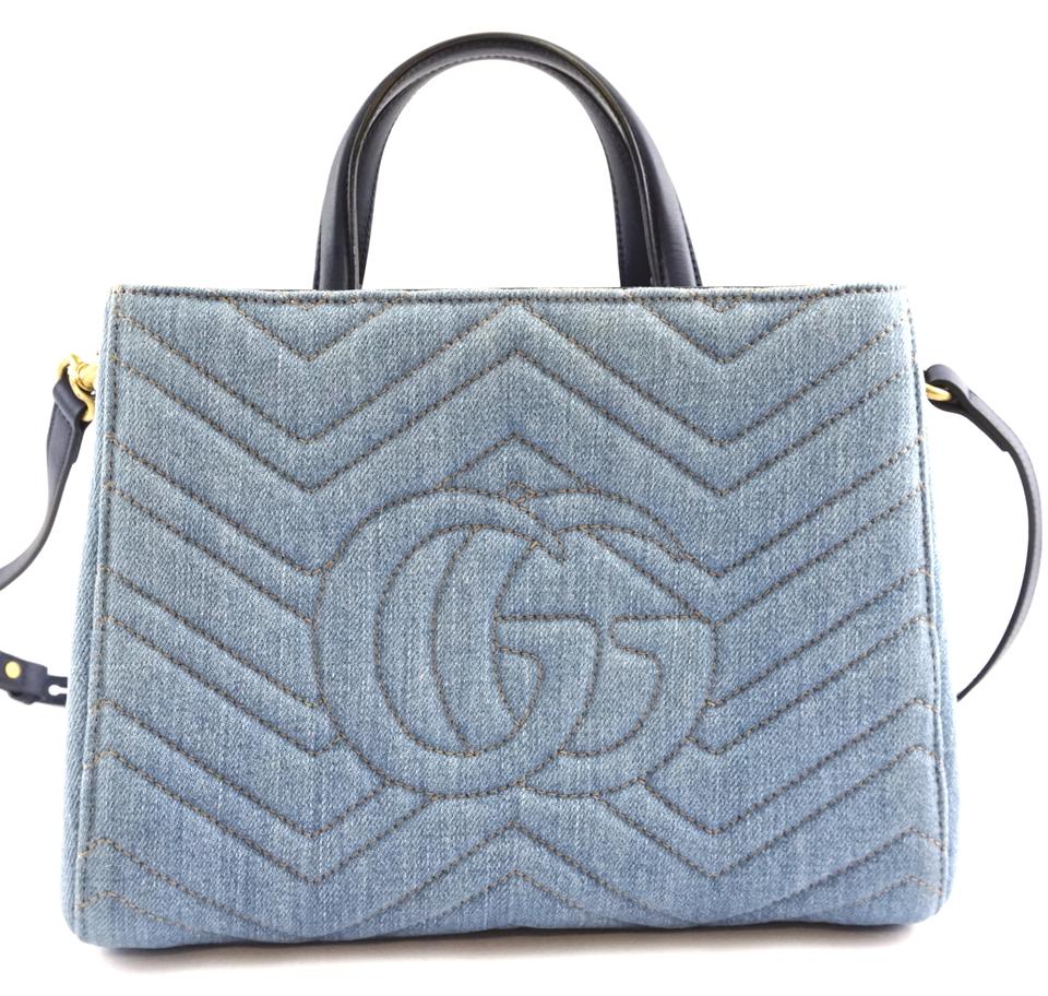 G*G Marmont Gg Embroidered Matelasse Logo Tote Blue Denim Shoulder Bag