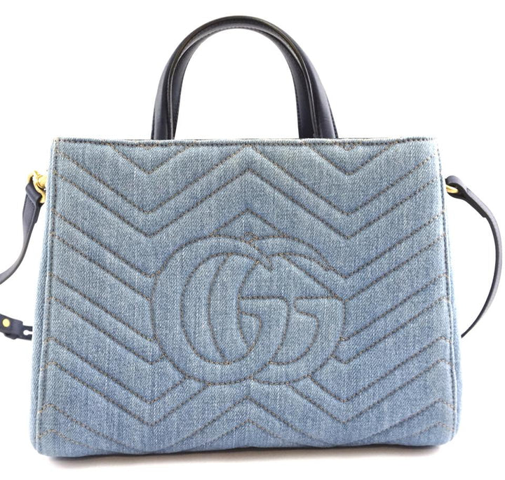 G*G Marmont Gg Embroidered Matelasse Logo Tote Blue Denim Shoulder Bag