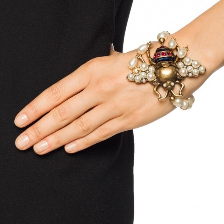 Metallic Bee Bracelet With Crystals And Pearls