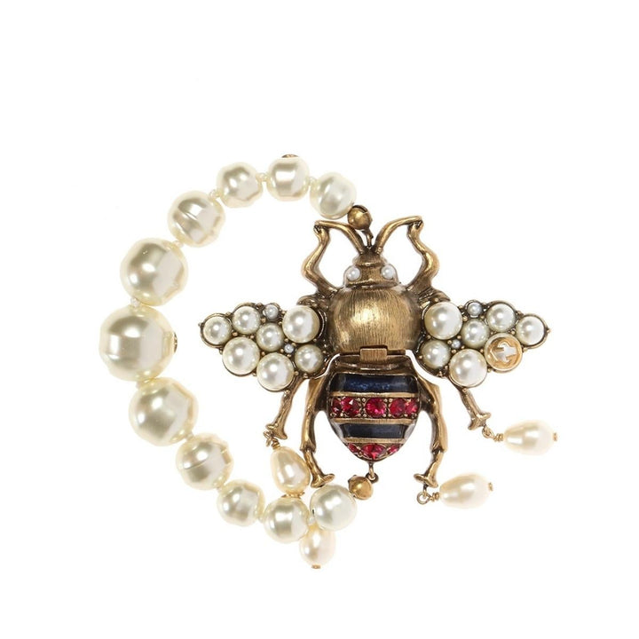 Gucci-Metallic Bee Bracelet With Crystals And Pearls - Runway Catalog