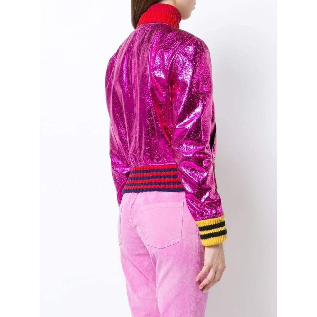 Metallic Fuchsia Leather Bomber Jacket