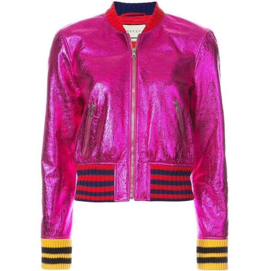 Gucci-Metallic Fuchsia Leather Bomber Jacket - Runway Catalog