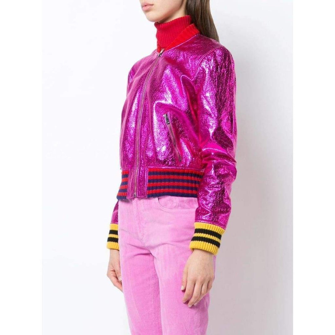 Metallic Fuchsia Leather Bomber Jacket