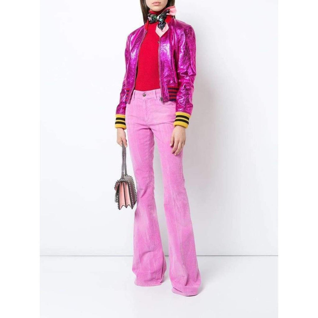 Metallic Fuchsia Leather Bomber Jacket