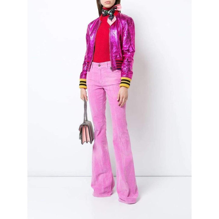 Metallic Fuchsia Leather Bomber Jacket