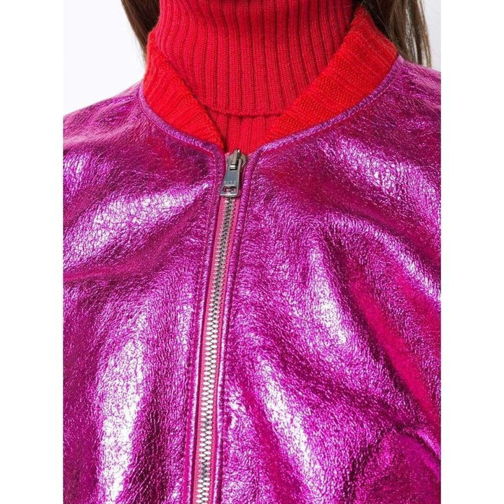 Metallic Fuchsia Leather Bomber Jacket