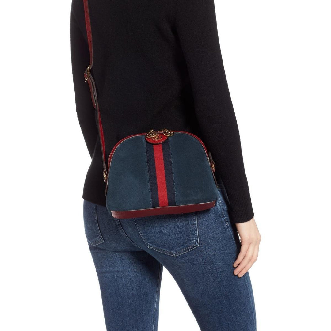 Navy Leather Suede Ophidia Shoulder Bag