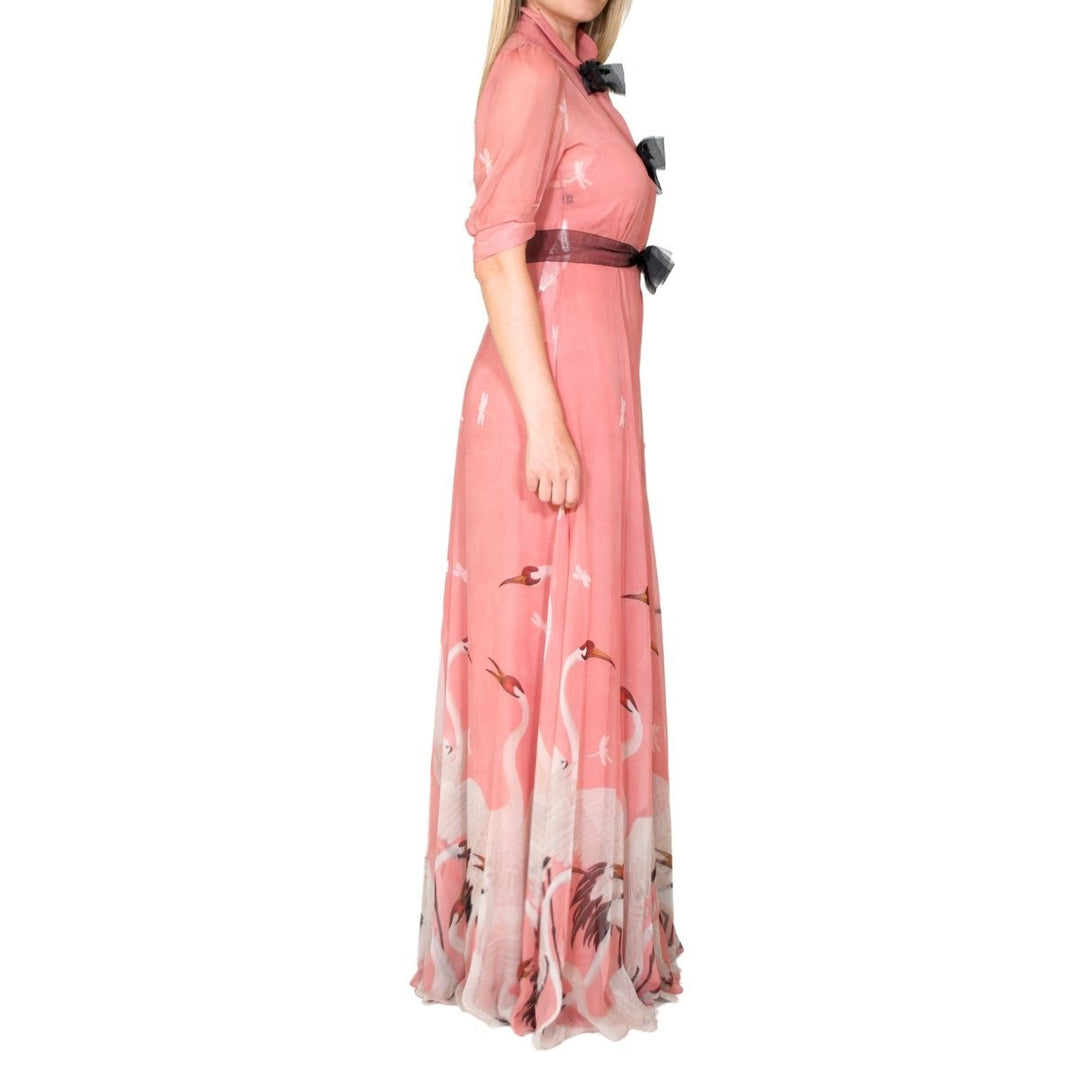 Pink Swan Print Dress with Bows on the Front