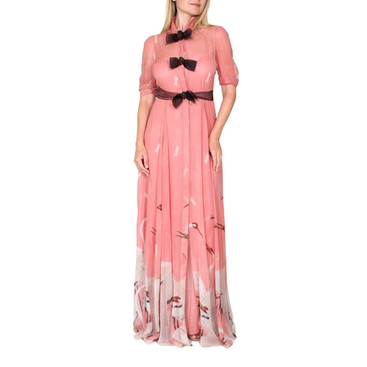 Pink Swan Print Dress with Bows on the Front