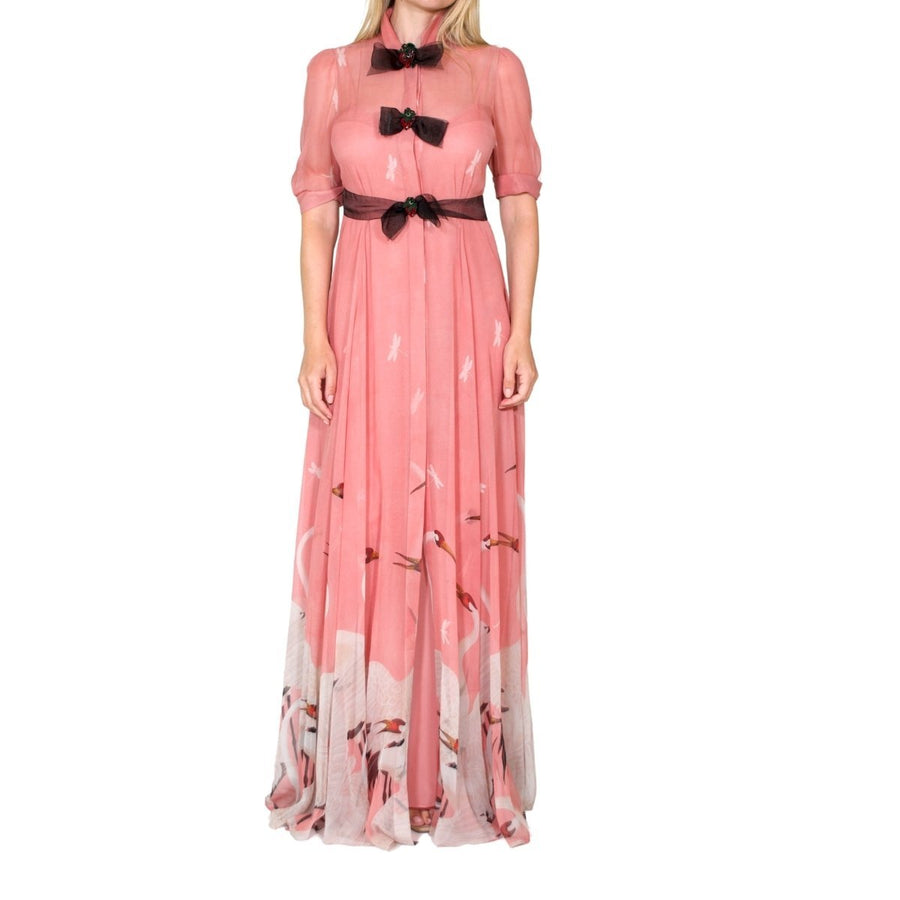 Gucci-Pink Swan Print Dress with Bows on the Front - Runway Catalog