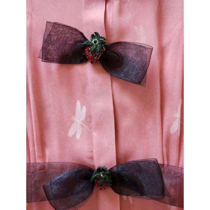Pink Swan Print Dress with Bows on the Front