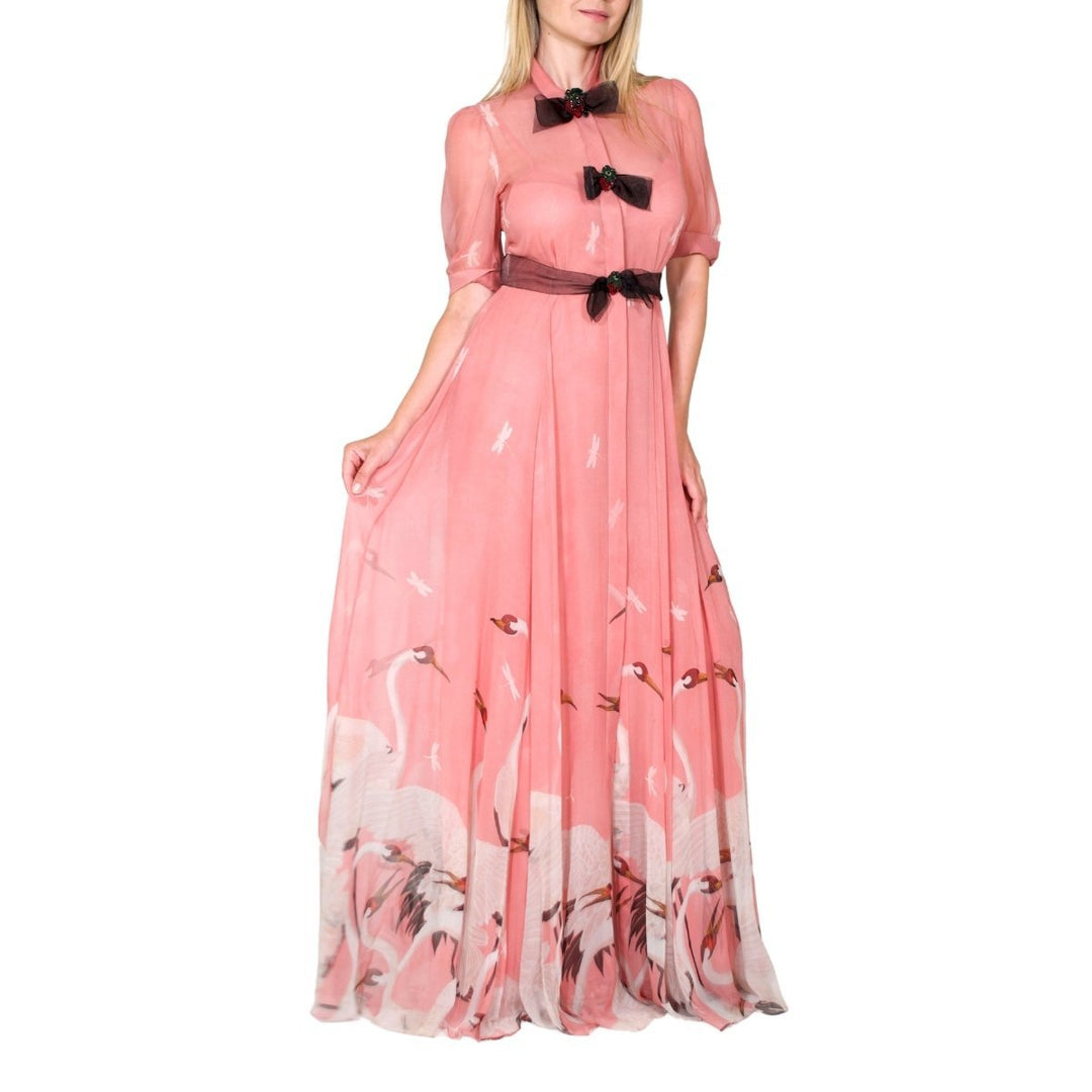 Pink Swan Print Dress with Bows on the Front