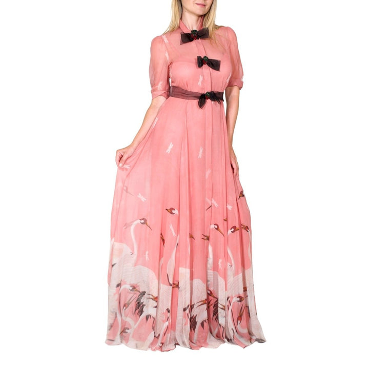 Pink Swan Print Dress with Bows on the Front