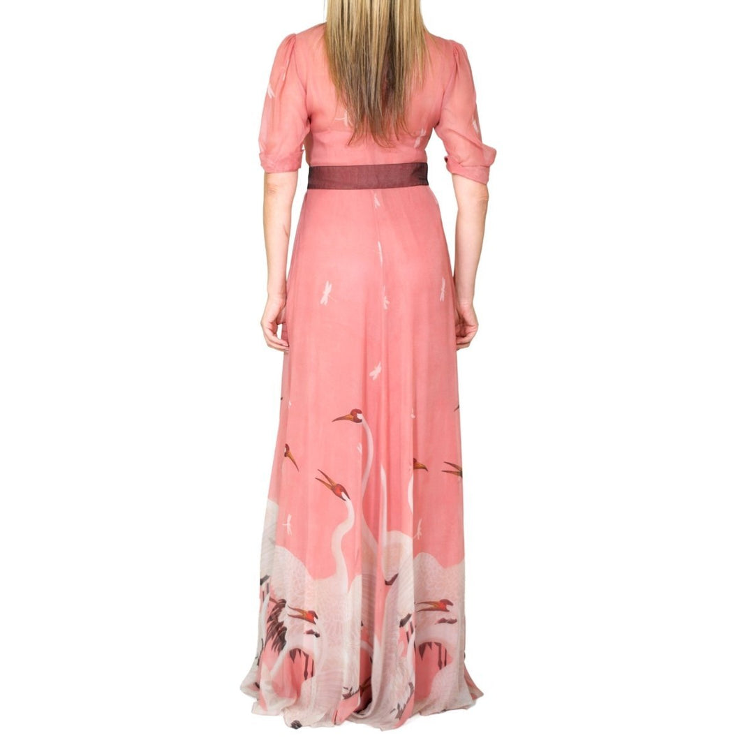 Pink Swan Print Dress with Bows on the Front