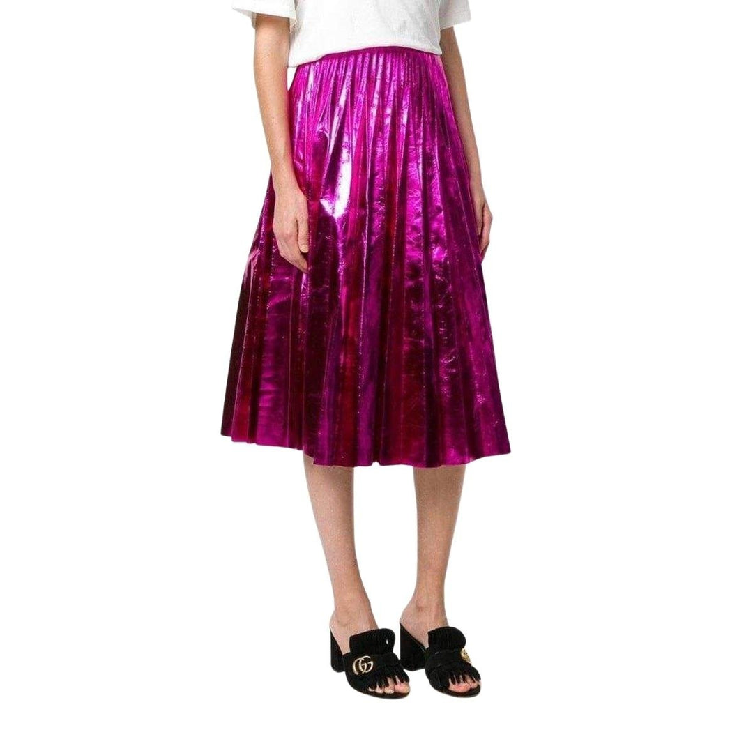 Pleated Metallic Leather Midi Skirt