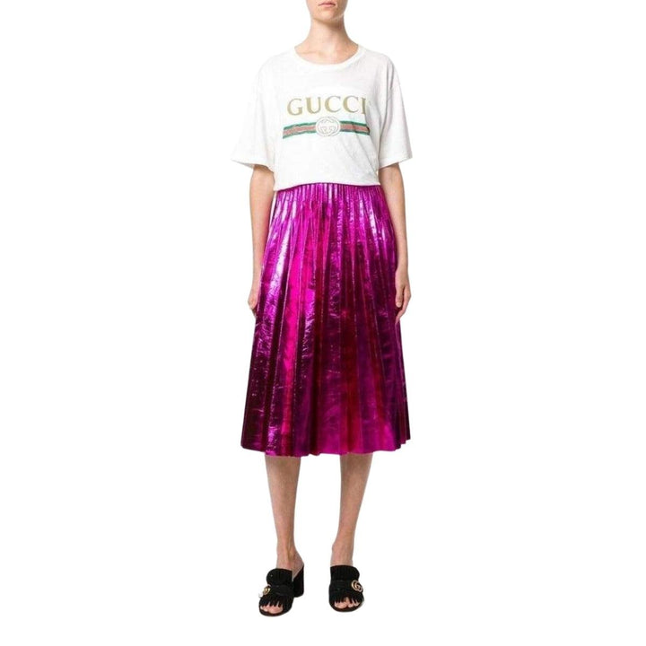 Pleated Metallic Leather Midi Skirt