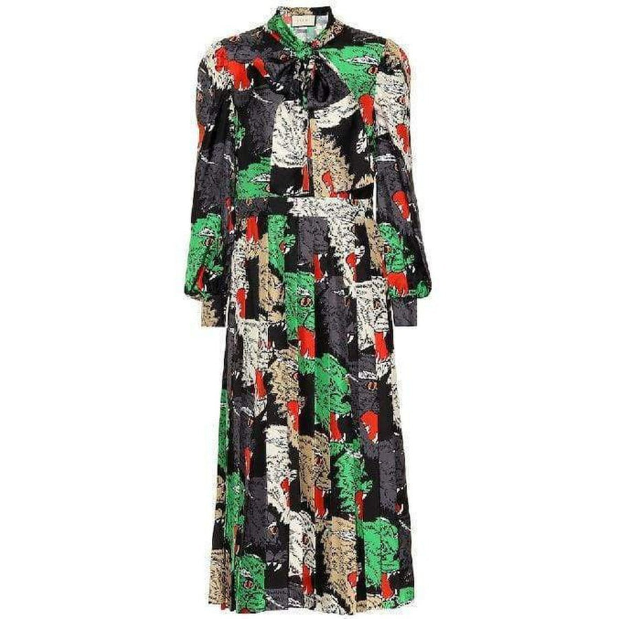 Gucci-Pleated Rainbow-Panther Face Silk Twill Dress - Runway Catalog