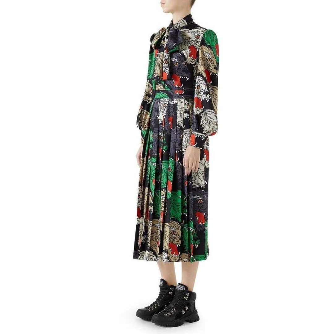 Pleated Rainbow-Panther Face Silk Twill Dress
