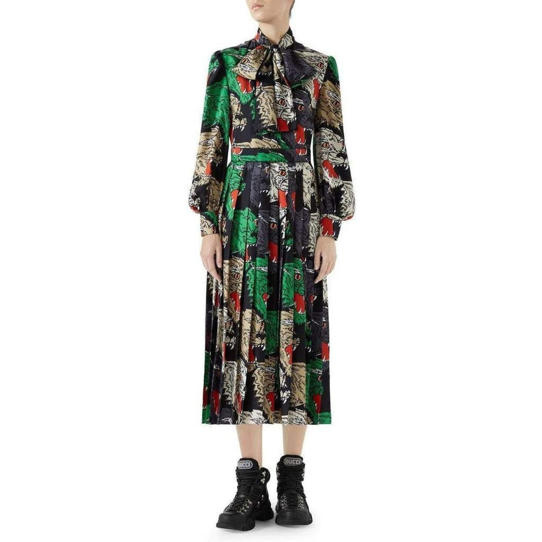 Pleated Rainbow-Panther Face Silk Twill Dress