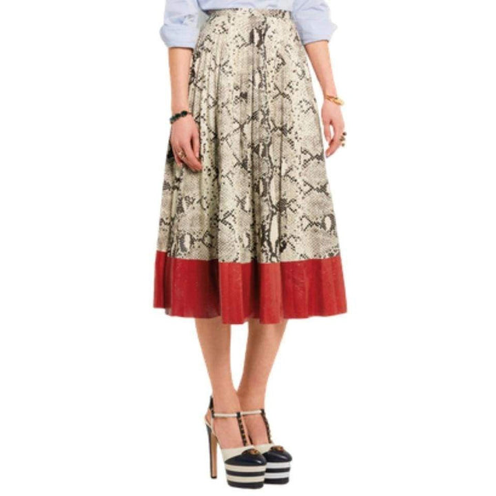 Pleated Snake-Effect Leather Skirt