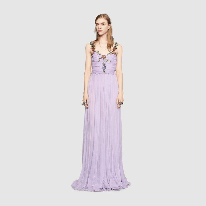 Purple Silk Chiffon Embroidered Gown