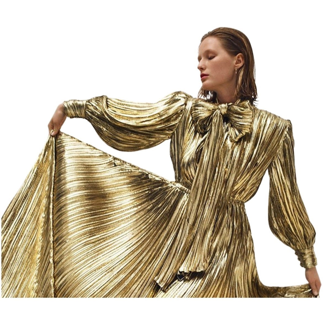 Pussy-bow Silk-blend Lamé Gown