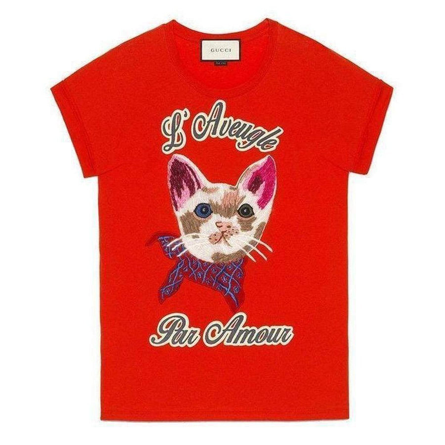 Gucci-Red Cat Embroidered Cotton Shirt - Runway Catalog