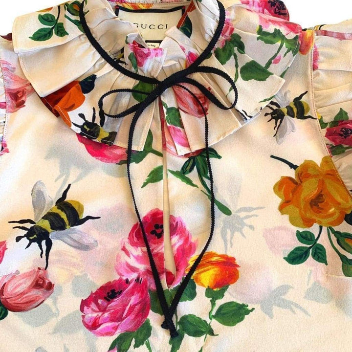 Rose Print Ivory Silk Shirt