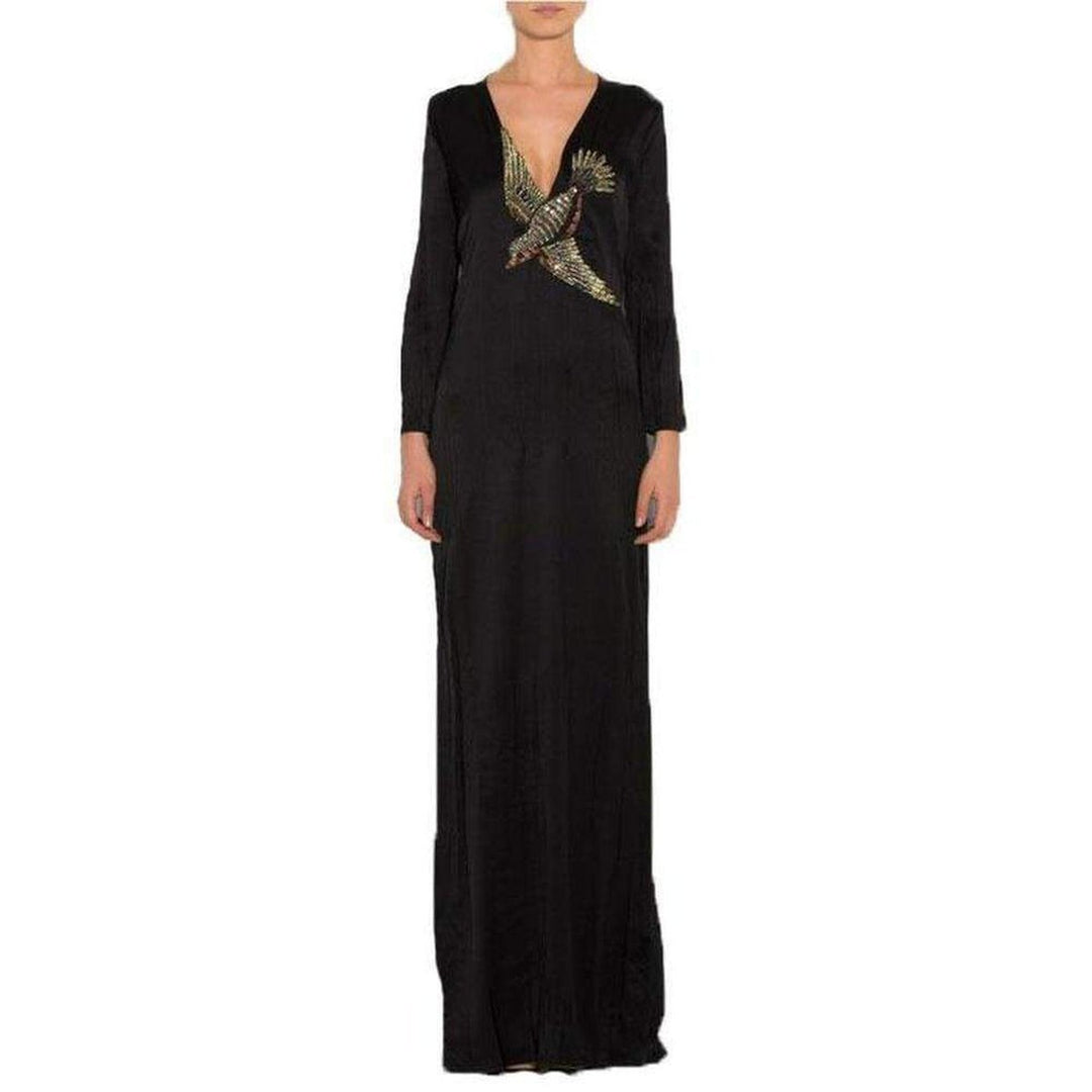 Runway Crystal Bird Embellished Black Silk Gown